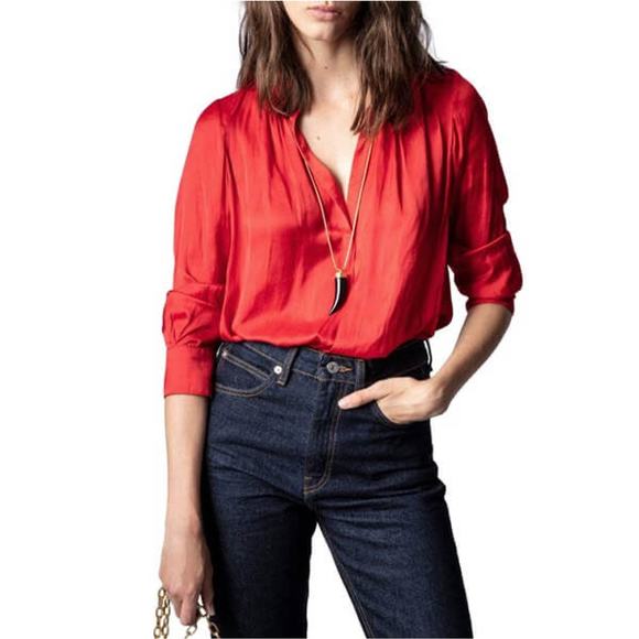 ZADIG AND VOLTAIRE Tink Satin Shirt Womens Medium Red Long Sleeve Split Neck Top - Picture 1 of 16